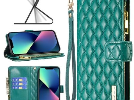 For Apple iPhone 13 Diamond Quilted Leather Zipper Wallet Flip Protective Case Cover – Green Online