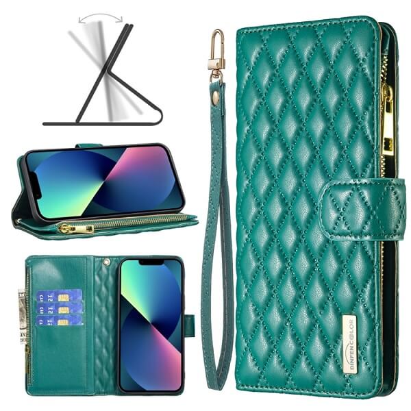 For Apple iPhone 13 Diamond Quilted Leather Zipper Wallet Flip Protective Case Cover – Green Online