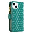 For Apple iPhone 14 Diamond Quilted Leather Zipper Wallet Flip Protective Case Cover – Green Online Sale