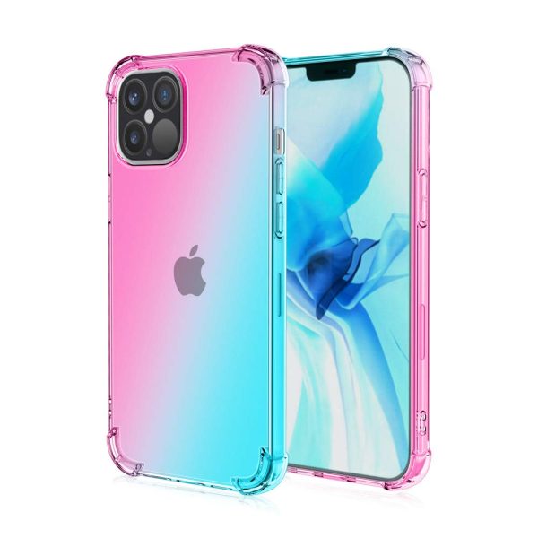 For Apple iPhone 12 Pro Max Rainbow Clear Case Shockproof Tough Gel Transparent Colorful Heavy Duty Phone Back Cover (Purple +Blue) Fashion