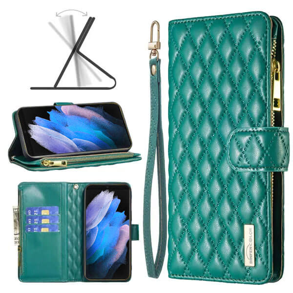 For Samsung Galaxy S23 Ultra Diamond Quilted Leather Zipper Wallet Flip Protective Case Cover – Green Cheap