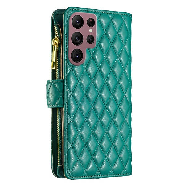 For Samsung Galaxy S22 Ultra Diamond Quilted Leather Zipper Wallet Flip Protective Case Cover – Green Hot on Sale