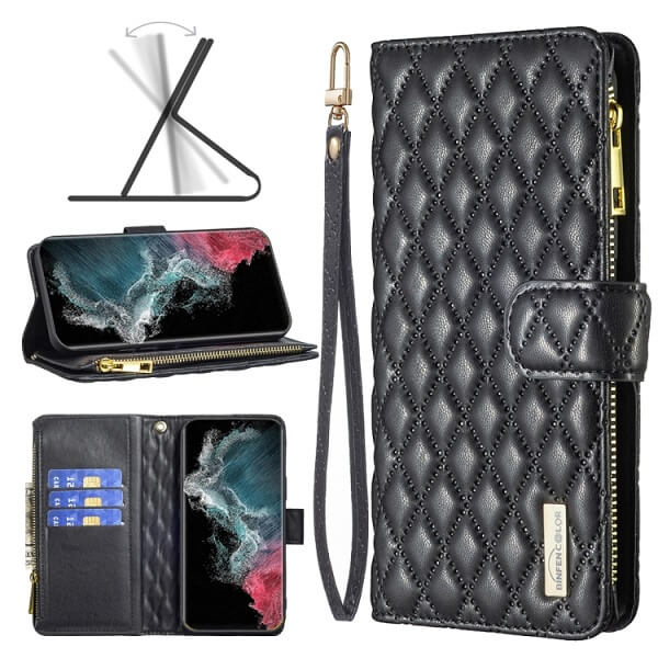 For Samsung Galaxy S22 Ultra Diamond Quilted Leather Zipper Wallet Flip Protective Case Cover – Black Hot on Sale