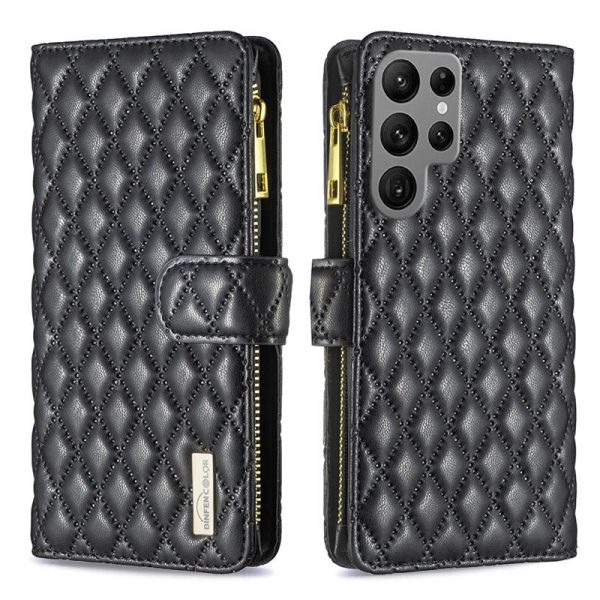 For Samsung Galaxy S22 Ultra Diamond Quilted Leather Zipper Wallet Flip Protective Case Cover – Black Hot on Sale