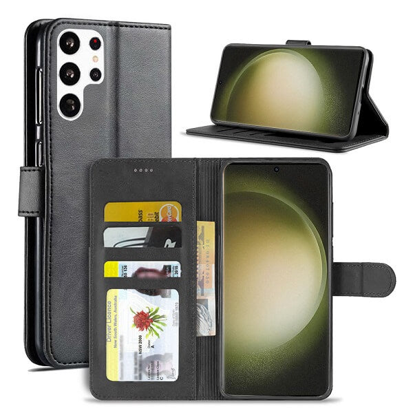 Samsung Galaxy S23 Ultra Wallet Case Flip Leather Card Slots Magnetic Stand Cover (Black) For Sale