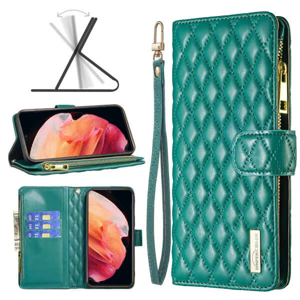 For Samsung Galaxy S23+  S23 Plus Diamond Quilted Leather Zipper Wallet Flip Protective Case Cover – Green For Sale