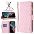 For Samsung Galaxy S22 Ultra Diamond Quilted Leather Zipper Wallet Flip Protective Case Cover – Rose Gold on Sale