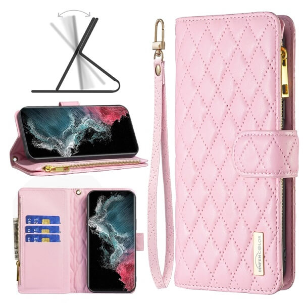 For Samsung Galaxy S22 Ultra Diamond Quilted Leather Zipper Wallet Flip Protective Case Cover – Rose Gold on Sale