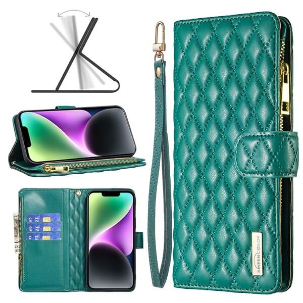 For Apple iPhone 14 Diamond Quilted Leather Zipper Wallet Flip Protective Case Cover – Green Online Sale