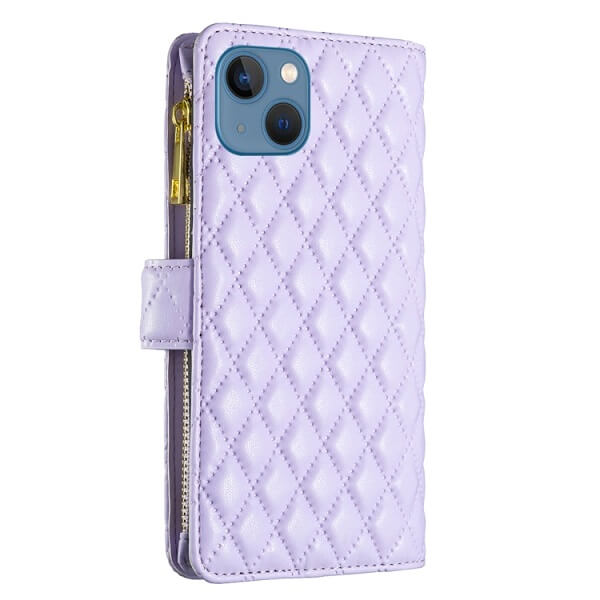 For Apple iPhone 13 Diamond Quilted Leather Zipper Wallet Flip Protective Case Cover – Purple For Cheap