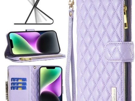 For Apple iPhone 14 Diamond Quilted Leather Zipper Wallet Flip Protective Case Cover – Purple Online Hot Sale