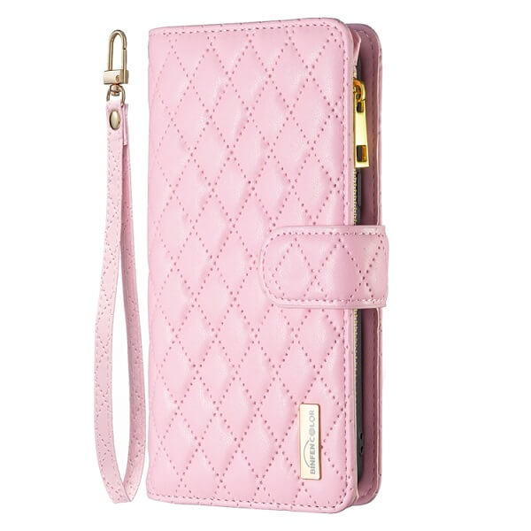 For Apple iPhone 13 Diamond Quilted Leather Zipper Wallet Flip Protective Case Cover – Rose Gold Fashion