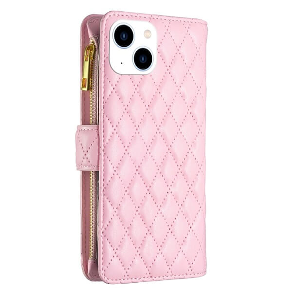 For Apple iPhone 14 Diamond Quilted Leather Zipper Wallet Flip Protective Case Cover – Rose Gold Cheap