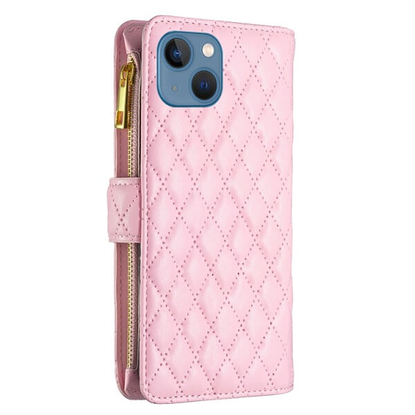 For Apple iPhone 13 Diamond Quilted Leather Zipper Wallet Flip Protective Case Cover – Rose Gold Fashion