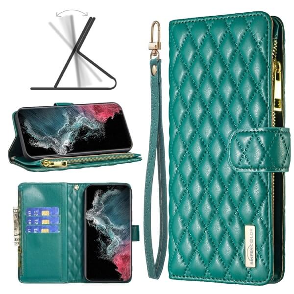 For Samsung Galaxy S22 Ultra Diamond Quilted Leather Zipper Wallet Flip Protective Case Cover – Green Hot on Sale