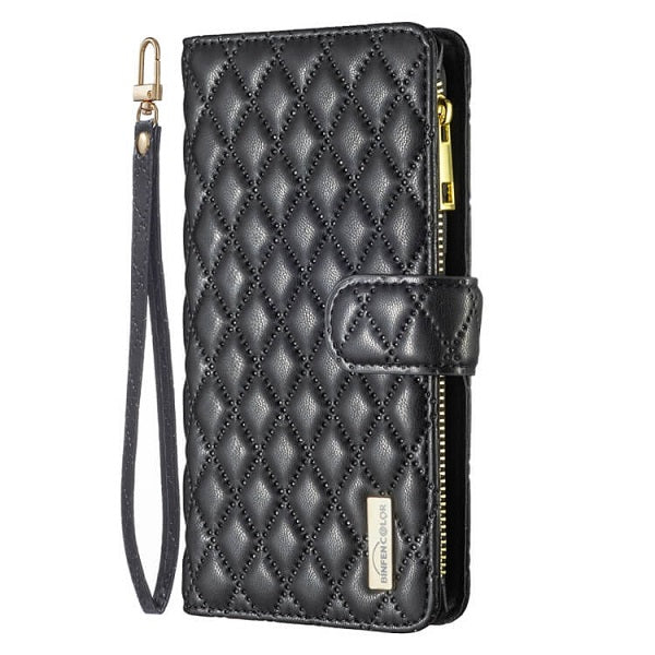 For Apple iPhone 14 Diamond Quilted Leather Zipper Wallet Flip Protective Case Cover – Black Online Hot Sale