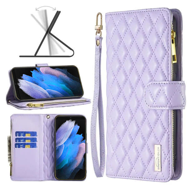 For Samsung Galaxy S23 Ultra Diamond Quilted Leather Zipper Wallet Flip Protective Case Cover – Purple Online Sale