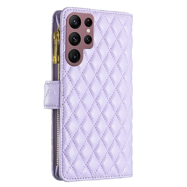 For Samsung Galaxy S22 Ultra Diamond Quilted Leather Zipper Wallet Flip Protective Case Cover – Purple Hot on Sale