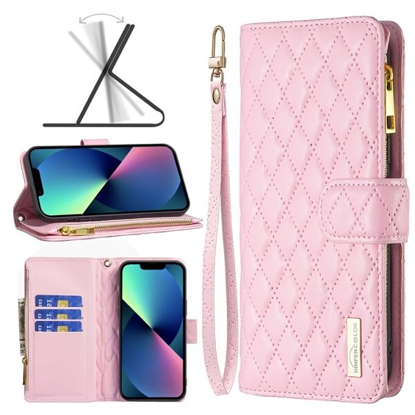 For Apple iPhone 13 Diamond Quilted Leather Zipper Wallet Flip Protective Case Cover – Rose Gold Fashion