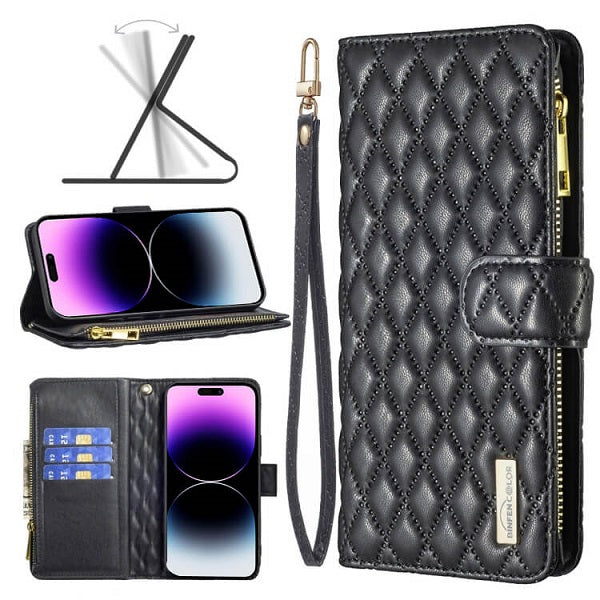 For Apple iPhone 14 Pro Max Diamond Quilted Leather Zipper Wallet Flip Protective Case Cover – Black on Sale