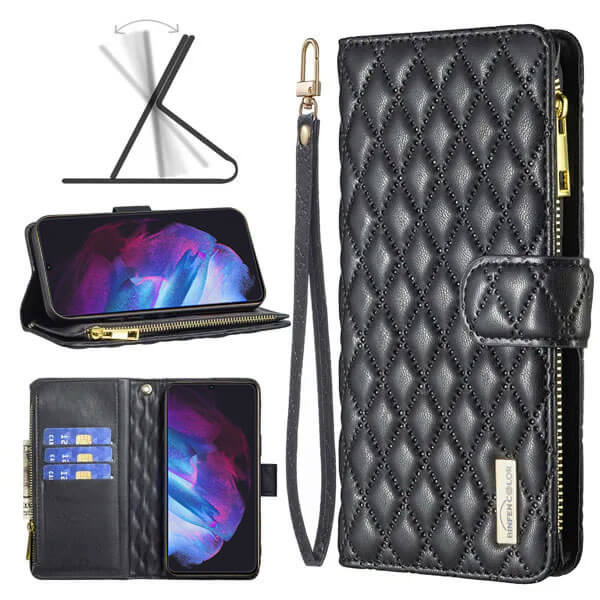 For Samsung Galaxy S23 Diamond Quilted Leather Zipper Wallet Flip Protective Case Cover – Black Hot on Sale