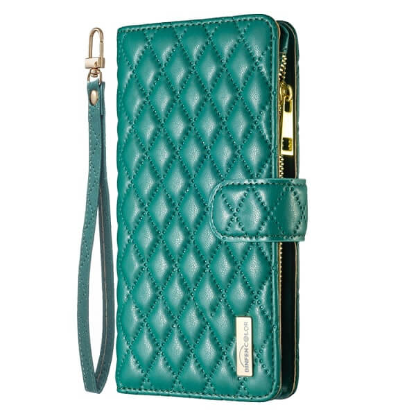 For Apple iPhone 13 Diamond Quilted Leather Zipper Wallet Flip Protective Case Cover – Green Online