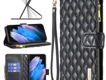 For Samsung Galaxy S23 Ultra Diamond Quilted Leather Zipper Wallet Flip Protective Case Cover – Black Online now