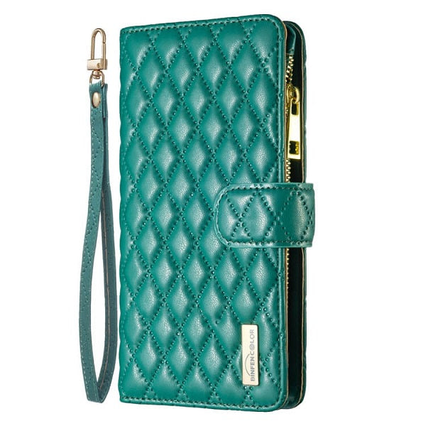 For Apple iPhone 14 Pro Max Diamond Quilted Leather Zipper Wallet Flip Protective Case Cover – Green on Sale