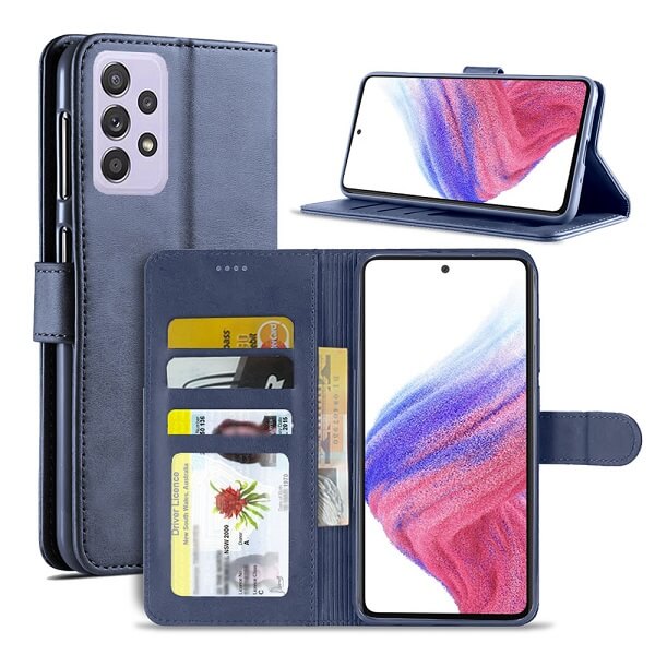 Samsung Galaxy A53 5G Wallet Case Flip Leather Card Slots Magnetic Stand Cover (Navy Blue) For Discount