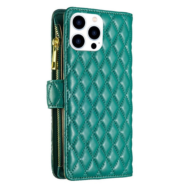 For Apple iPhone 14 Pro Max Diamond Quilted Leather Zipper Wallet Flip Protective Case Cover – Green on Sale