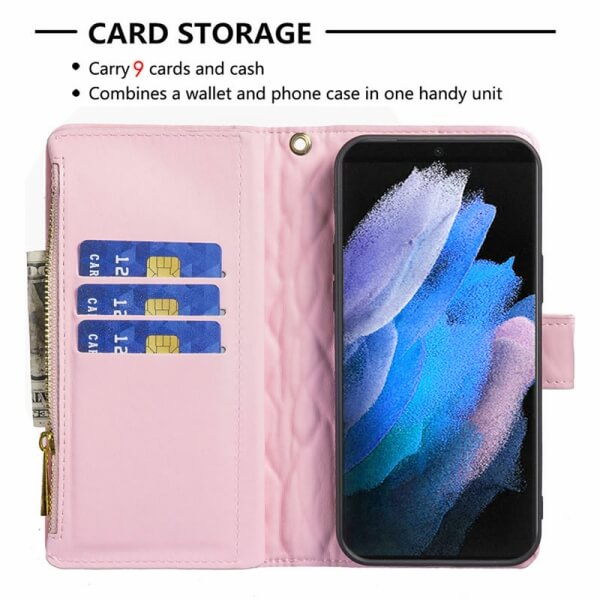 For Samsung Galaxy S23 Ultra Diamond Quilted Leather Zipper Wallet Flip Protective Case Cover – Rose Gold Supply