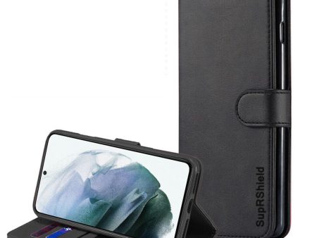 Samsung Galaxy S21 FE 5G SupRShield Wallet Leather Card Holder Flip Protective Shockproof Magnetic Case Cover (Black) For Discount