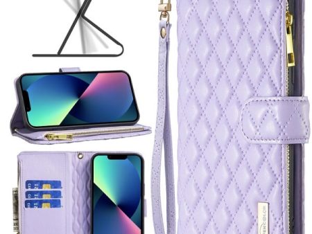 For Apple iPhone 13 Diamond Quilted Leather Zipper Wallet Flip Protective Case Cover – Purple For Cheap