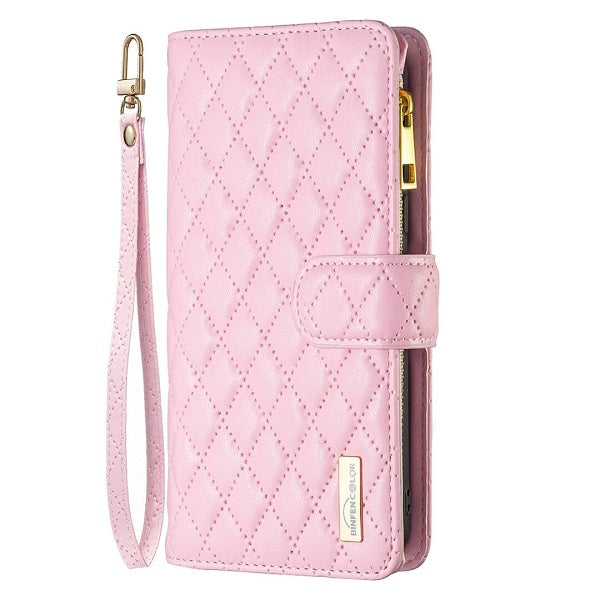 For Apple iPhone 14 Pro Max Diamond Quilted Leather Zipper Wallet Flip Protective Case Cover – Rose Gold on Sale